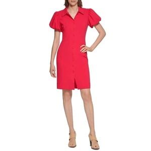 Calvin Klein Puffed Sleeve A-Line Dress Womens Size 4 Pink Button Front Collared